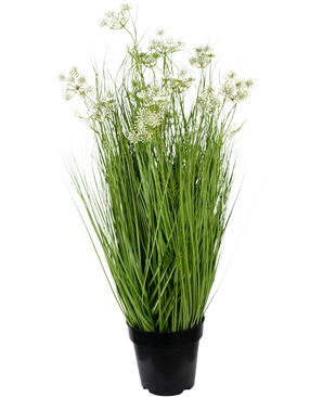 The Artificial Grass Root Flowers Onion Grass 90cm Fire Retardant has long, slender green leaves and delicate white flower clusters in a pot, against a plain white background.