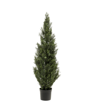 The Artificial Plant Conifer UV 120cm, a tall and narrow artificial green evergreen with dense green leaves in a small black pot, is shown against a plain white background.