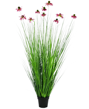 The Artificial Grass Plant Chrysanthemum 150 cm fire retardant has long, thin green grass-like leaves and long stems with pink daisy-like flowers, presented in a pot against a plain white background.