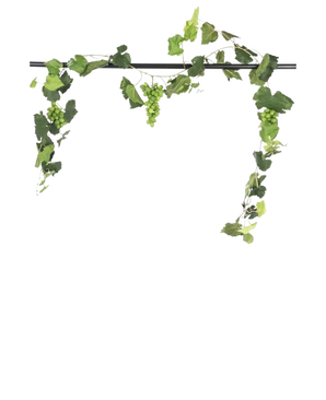 A black rod shows the Artificial Grape garland fire retardant 186 cm, with bunches of green grapes and lush leaves, hanging decoratively against a plain white background.