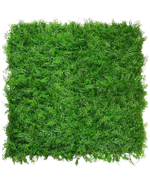 The Artificial Hedge Fern/Conifer 50x50 cm is a dense, square mat of vibrant green foliage with small leaflets, viewed from above on a white background, resembling a lush, natural green hedge with an even, textured surface.