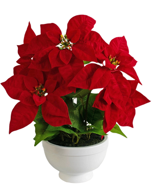 The Artificial Plant Poinsettia 44 cm red is a white pot with a poinsettia plant with vibrant red, star-shaped leaves and green foliage against a plain white background.