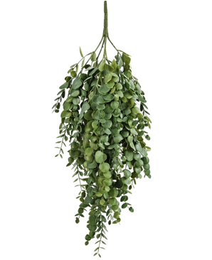 The Artificial Hanging Plant Eucalyptus 76 cm has dense, cascading artificial eucalyptus leaves with round and oval shapes, perfect for adding greenery to any space.