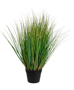 The Artificial Grass Onion Grass Bonsai with pot is a 70 cm high, fire-retardant artificial grass plant with long green blades in a black pot, against a plain white background.