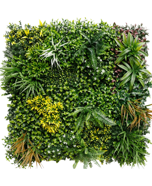 The Artificial Hedge Eternity 100x100 cm UV features a square panel of various green plants, including ferns, ivy and lush foliage, creating a dense indoor or outdoor vertical garden against a white background.