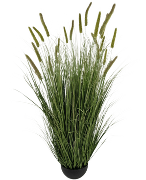 The Artificial Grass Cattail Onion Grass Pot 150cm Fire Retardant has lifelike, long green blades and tall seed heads in a compact black pot, making it a striking artificial grass plant for any space.