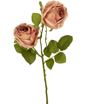 The Artificial Rose Deluxe 55 cm pink has two pink-brown artificial roses with green leaves on a single stem, which form a striking contrast against a plain white background.
