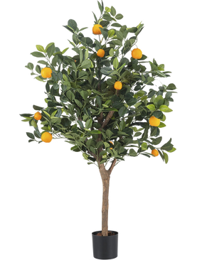 The Artificial Orange Tree 120 cm has dense green leaves and vibrant orange fruits against a plain white background.