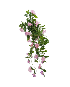 The Artificial hanging plant Petunia 70 cm has green leaves and purple trumpet-shaped flowers against a plain white background.
