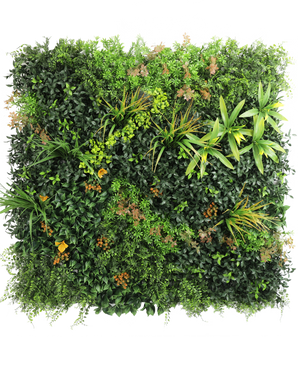 The Artificial Hedge Marisa 100x100 cm UV is a lush, square green wall with mixed foliage plants, ferns, yellow-green accents and scattered brownish leaves against a plain white background.