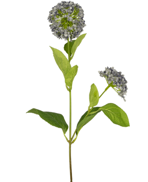 A single Artificial Flower Snowball/Viburnum 70 cm purple with a green stem, broad leaves and two bunches of small purple blossoms, isolated on a white background.