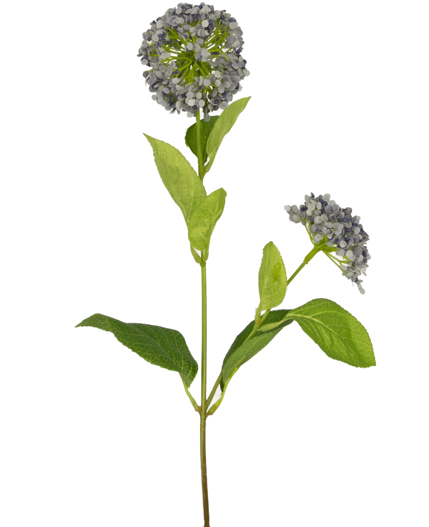 A single Artificial Flower Snowball/Viburnum 70 cm purple with a green stem, broad leaves and two bunches of small purple blossoms, isolated on a white background.