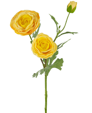 The Artificial Rose "Emine" Real Touch Yellow 62cm has a single stem with two blooming yellow flowers and a closed bud, accented with green leaves, against a white background.