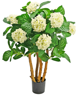 The Artificial Hydrangea UV 85 cm white is an artificial plant in a pot with sturdy brown stems, large green leaves and bunches of white hydrangea-like flowers at the top.