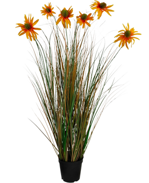 The Artificial Grass Chrysanthemum Onion Pot 90cm fire retardant has high, green and brown grass-like leaves with seven orange artificial daisy flowers in a black pot, against a white background.
