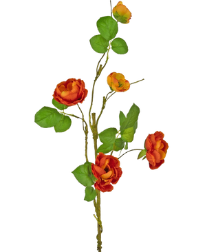 A single artificial rose branches 90 cm with several red artificial roses with green leaves against a plain white background.