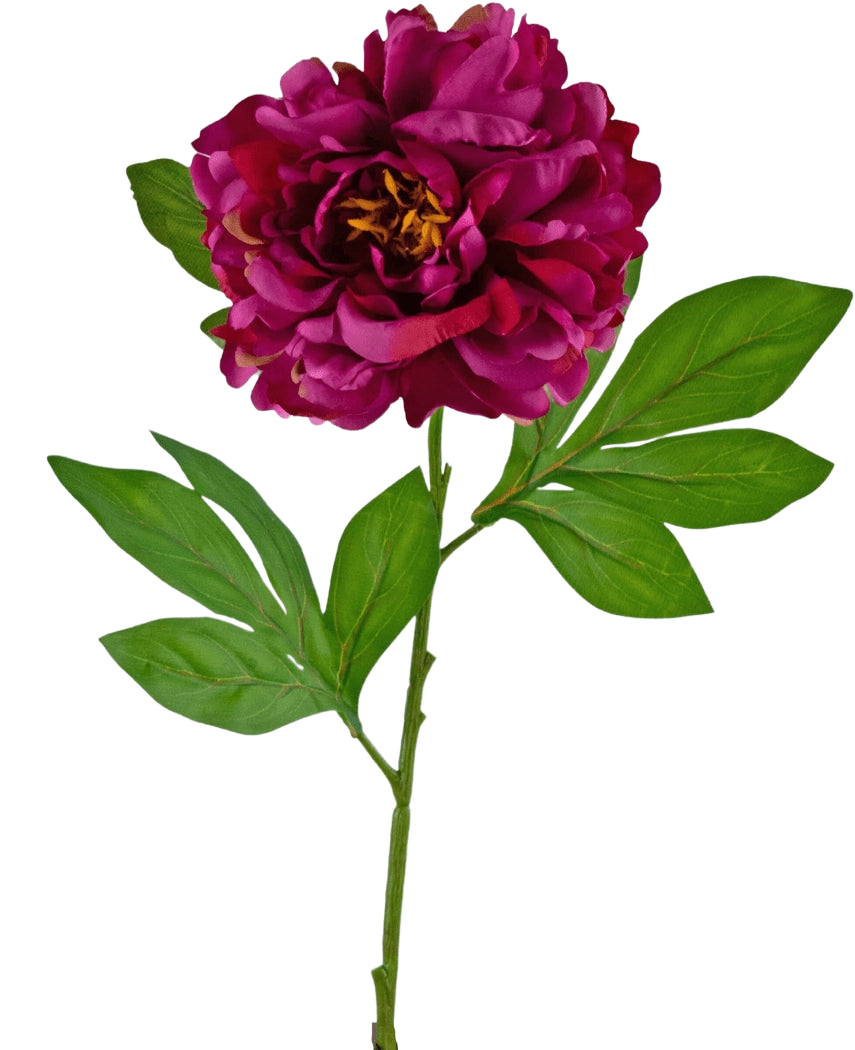 The Artificial Flower Peony 77 cm purple is a single artificial purple peony with layered petals and green leaves on a long stem, against a plain white background.