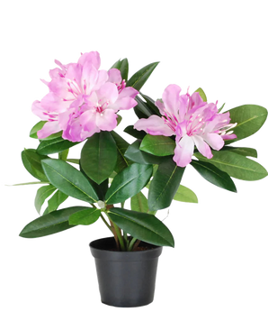 The Artificial Plant Rhododendron 34 cm has vibrant green leaves and bunches of light pink flowers in a small black pot, against a plain white background.