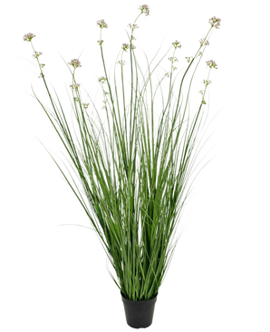 The Artificial Grass Leek Flower Onions Grass Pot 120cm fire retardant has long green grass-like leaves and long stems with light purple flower clusters, perfect for adding lifelike greenery to any space.
