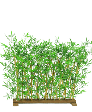 The Artificial Plant Bamboo Screen UV 70x120 cm has lifelike green leaves and natural bamboo stems in a rectangular wooden base, perfect as a decorative screen.