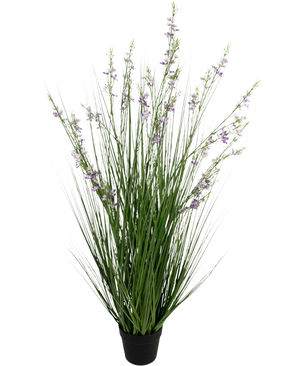 The Artificial Grass Millet-Onion Grass Bonsai 120cm fire retardant has tall, thin green grass-like leaves and long stems with delicate purple flowers in a black pot, against a white background.