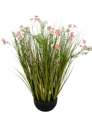 The Artificial Grass Pink Gesang Flower onion grass pot is a 90cm high, flame retardant artificial plant with long green grass-like leaves and pink flowers in a round black pot, pictured against a white background.