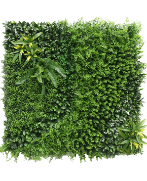 The Artificial Hedge Crush 100x100 cm UV is a lush green vertical garden with dense, leafy plants and ferns in different textures and green tones, arranged in a square pattern against a white background.