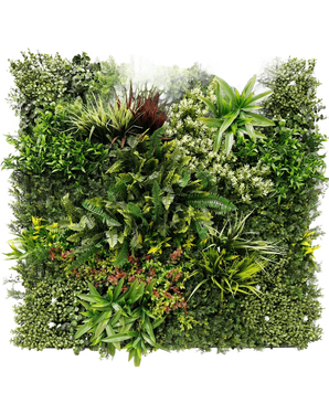 The Artificial Hedge Prestiage 100x100 cm UV is a dense vertical garden panel with various green plants and foliage in a square arrangement, with different leaf shapes, sizes and green shades.