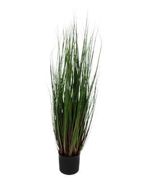 The Artificial Grass Plant Onion 90 cm fire retardant is an ornamental grass in a pot with long, thin green leaves that are tinged red-purple at the base, against a plain white background.