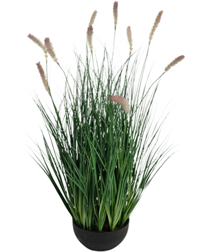 The Artificial Grass Caterpillar Onion Grass Bonsai is a 70 cm high, fire-retardant artificial grass plant with slender green blades and light brown flower spikes in a round black pot, perfect for a stylish interior.