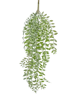 The Artificial hanging plant Pumila/Eucalyptus 76 cm has green, narrow leaves and slender stems that fall down against a plain white background.