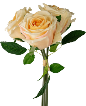 A close-up of the Artificial Rose Bouquet Real Touch Champagne 30cm, with three peach-colored artificial roses with green leaves, the stems tied with light-colored rope, against a white background.