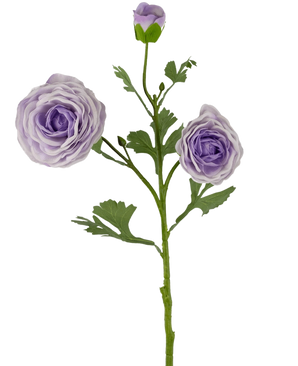 The Artificial Rose "Emine" Real Touch Purple 62cm has a green stem with two open, light purple ranunculus and a purple bud, plus several green leaves, all against a plain white background.