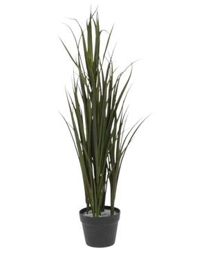The Artificial Grass Bordeaux UV 90cm is a tall, green ornamental grass with long, slender leaves in a black plastic pot, against a plain white background.