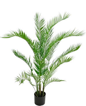 The Artificial Plant Chamaedorea 120 cm is an artificial palm with long, slender green leaves in a black round pot, against a plain white background.