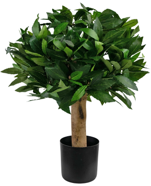 The Artificial Laurel UV d30 cm plant is a compact artificial tree with dense green leaves and a thick brown trunk, in a simple black pot, against a plain white background.