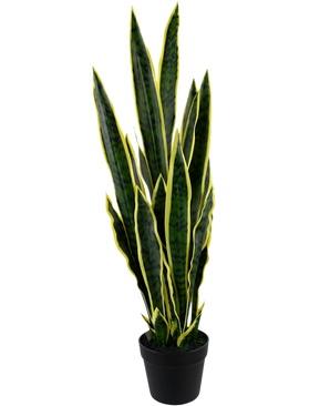 The Artificial Plant Sansevieria Laurentii 92 cm in a decorative pot has high, upright green leaves with yellow edges, against a plain white background.