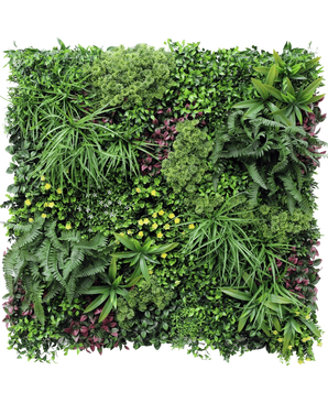 The Artificial Hedge Wonderland 100x100 cm UV is a square vertical garden with a dense mix of green and purple leaves, ferns and small yellow flowers in a lush, structured arrangement.