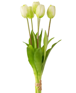 The Artificial Tulip Bouquet Real Touch Green/White 40cm has five lifelike white tulips with green stems and leaves, tied together with twine, against a simple white background.
