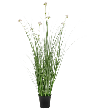 The Artificial Grass Leek Flower Onion Grass Pot 90cm fire retardant has long, thin green leaves and pale flower clusters in a black pot, against a plain white background.