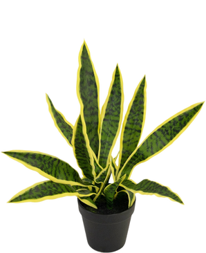 An Artificial Plant Sansevieria Laurentii 44 cm in decorative pot with long, upright green leaves, yellow edges and dark stripes is shown against a plain white background.