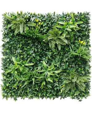 The Artificial Hedge Volta 100x100 cm UV is a square green wall with dense artificial foliage, with various foliage plants such as ferns and small yellow flowers, arranged on a lush background.