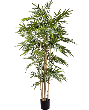 The Artificial Plant Bamboo 180 cm has slender light brown stems and abundant long green leaves in a small black pot, against a plain white background.