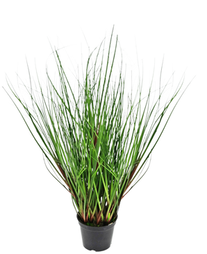The Artificial Grass Plant Onion 50 cm fire retardant has long, thin, green grass-like leaves that grow upright and curve outwards from the center, presented in a black plastic pot against a white background.