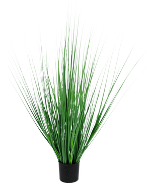 The Artificial Grass Plant Onion 100 cm fire retardant has a black pot with dense, upright, slender green grass-like leaves, perfect for adding a modern touch to any space.