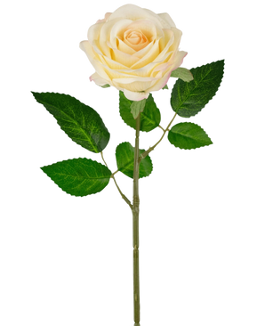 The Artificial Rose "Emine" Real Touch yellow/cream (43cm) has a single light yellow artificial rose with multiple green leaves on a long stem, isolated on a white background.
