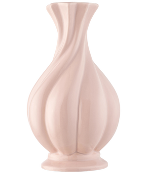 The Vase Little Fairy 26 cm pink is a glossy, light pink ceramic vase with a flared edge and sculpted swirling grooves, ideal for displaying a silk artificial flower bouquet. Pictured against a plain white background.