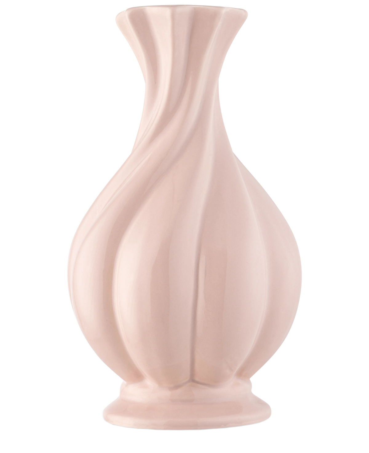 The Vase Little Fairy 26 cm pink is a glossy, light pink ceramic vase with a flared edge and sculpted swirling grooves, ideal for displaying a silk artificial flower bouquet. Pictured against a plain white background.