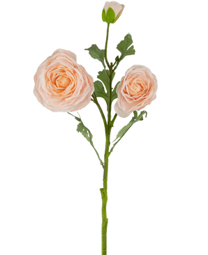 The Artificial Rose "Emine" Real Touch Peach 62cm has a single green stem with two large, light peach-colored artificial roses in full bloom plus a rose bud, all against a plain white background.