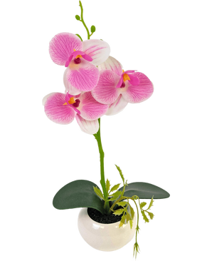 The Artificial Orchid 28 cm white/pink in pot features a green orchid stem with vibrant pink and white flowers and green leaves, all arranged in a white ceramic pot.